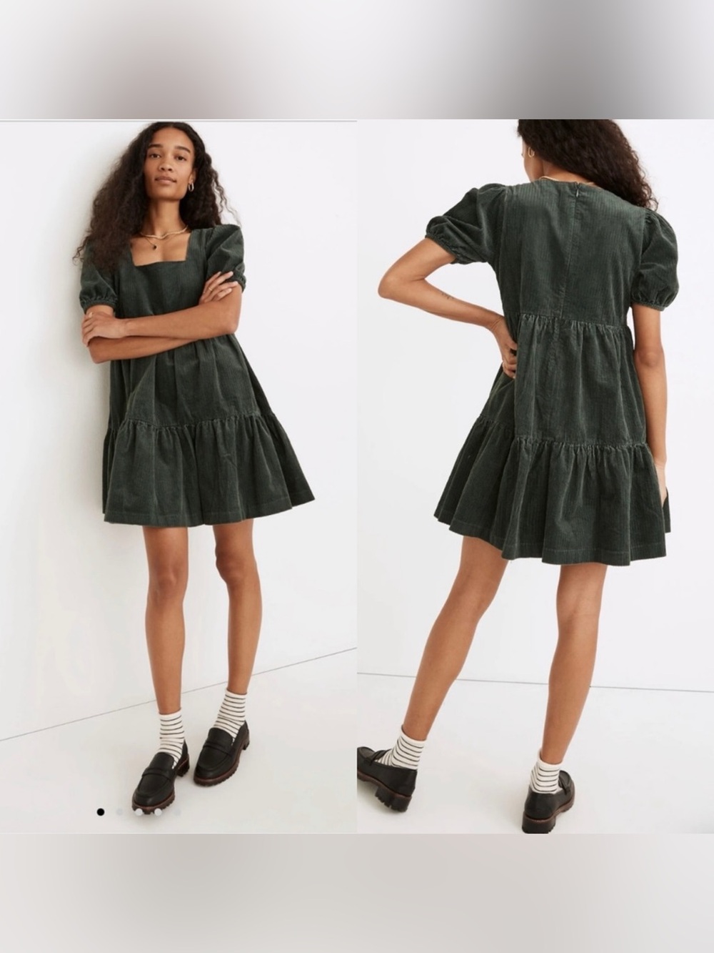 Madewell Corduroy Aidy Tiered Mini Dress in Forest Green Size 0